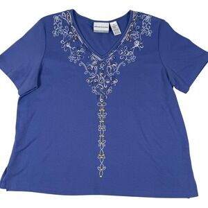Alfred Dunner Shirt Women Petite Medium Blue Embroidered Beaded Artsy V Neck Top